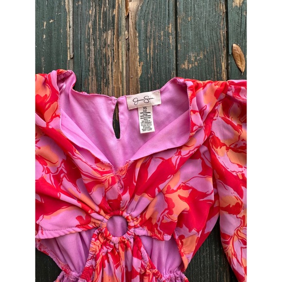 Jessica Simpson Floral Cut-Out Mini Dress Pink Red Orange O-Ring Size XS J363 - Picture 2 of 7